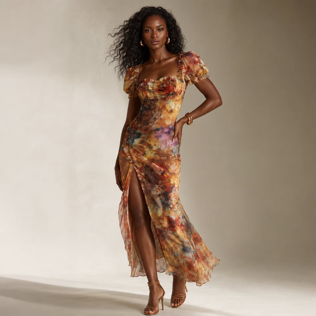 Ruffled Sleeve Ruched Slit Midi Dress Summer Multicolor – Side Angle View