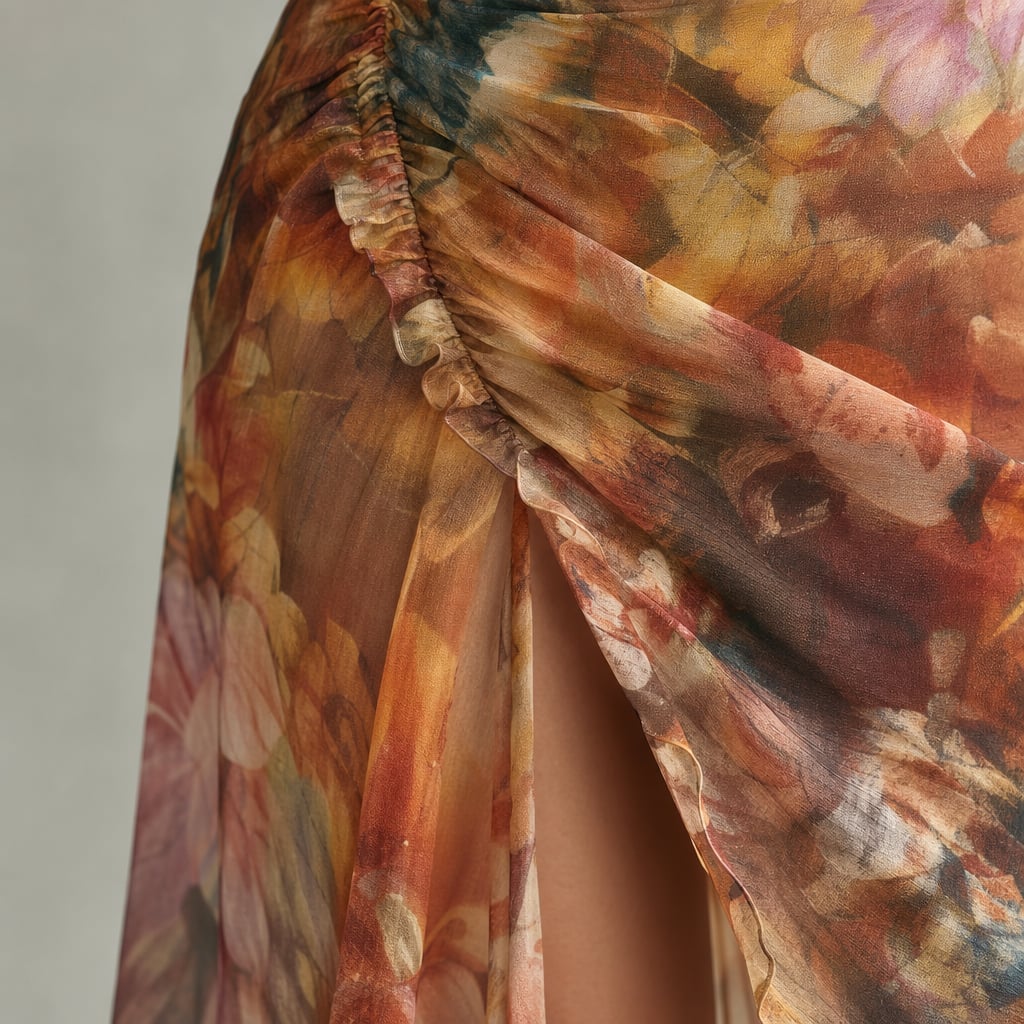 Ruffled Sleeve Ruched Slit Midi Dress Summer Multicolor – Fabric and Detail Close-Up