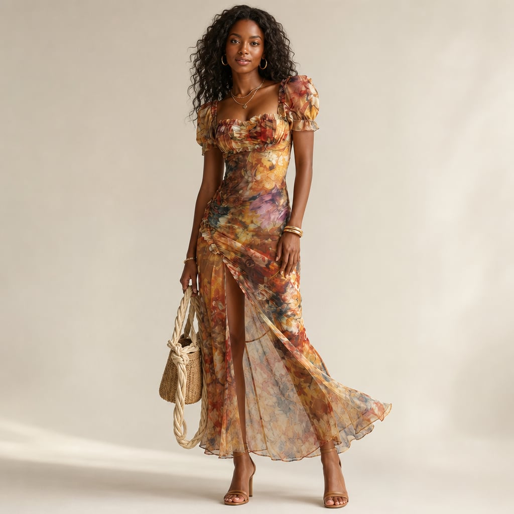 Ruffled Sleeve Ruched Slit Midi Dress Summer Multicolor – Product Photo