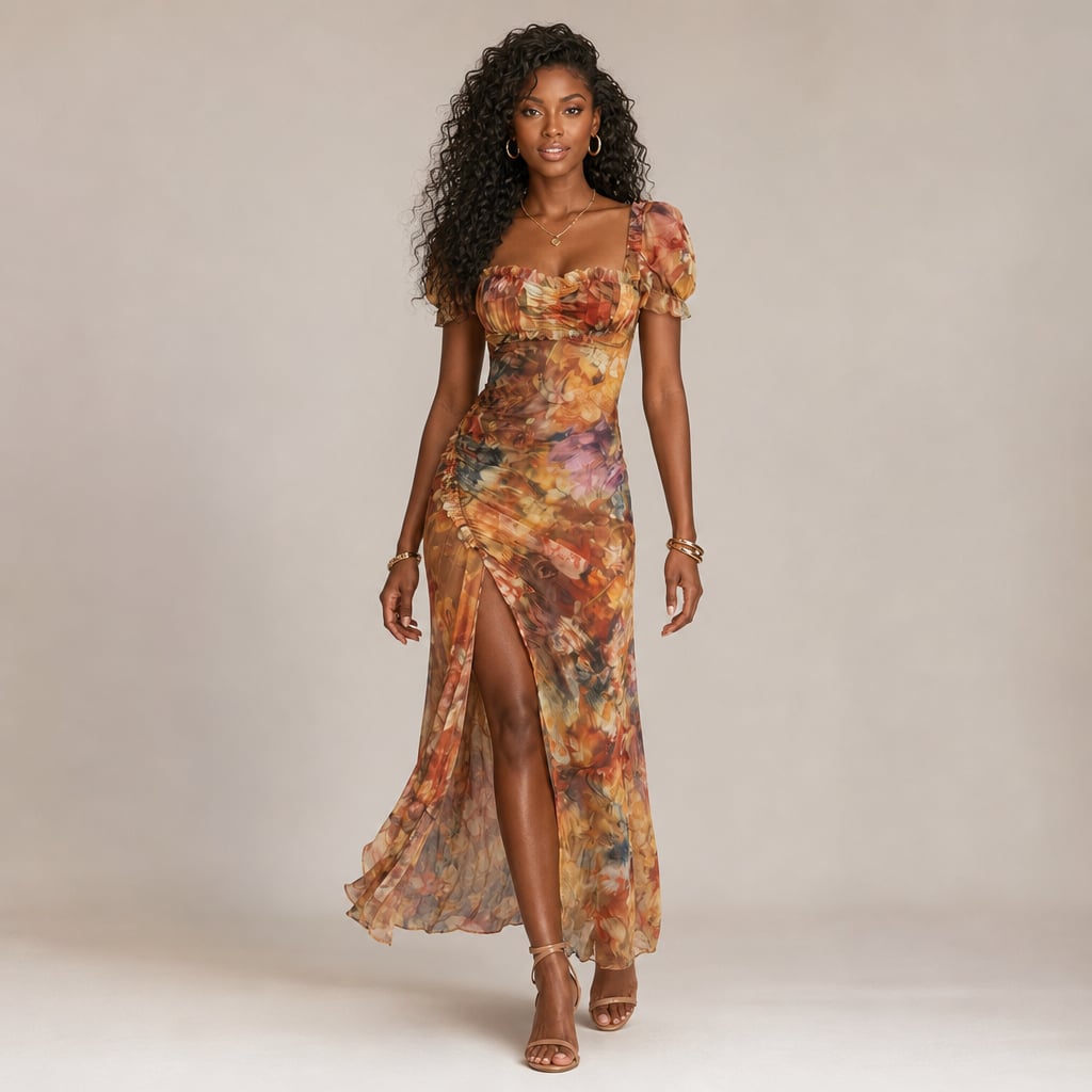 Ruffled Sleeve Ruched Slit Midi Dress Summer in Multicolor – Mampierimoda Premium Womenswear