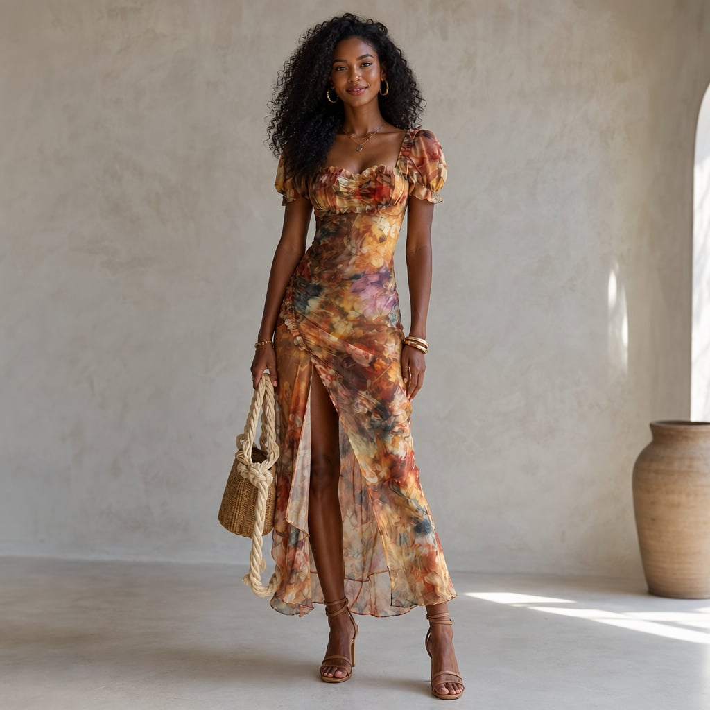 Ruffled Sleeve Ruched Slit Midi Dress Summer Multicolor – Styled Editorial Shot