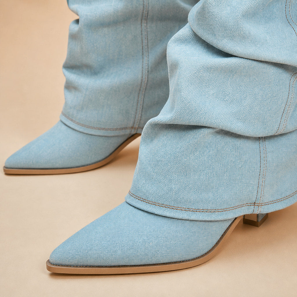 Saskia - Women's Pleated Denim Cowboy Boots Blue – Fabric and Detail Close-Up