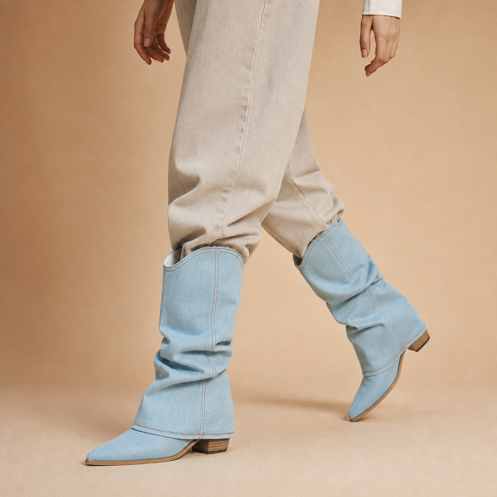 Saskia - Women's Pleated Denim Cowboy Boots Blue – Product Photo