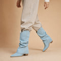 Saskia - Women's Pleated Denim Cowboy Boots Blue – Product Photo