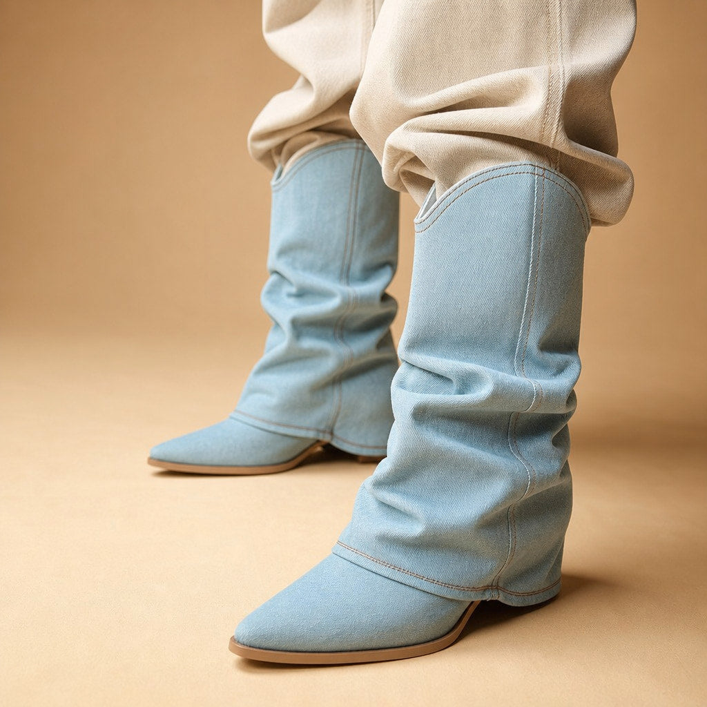 Saskia - Women's Pleated Denim Cowboy Boots in Blue – Mampierimoda Premium Womenswear