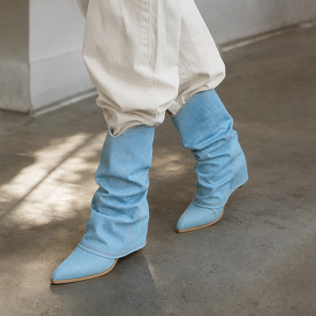 Saskia - Women's Pleated Denim Cowboy Boots Blue – Styled Editorial Shot, Detail