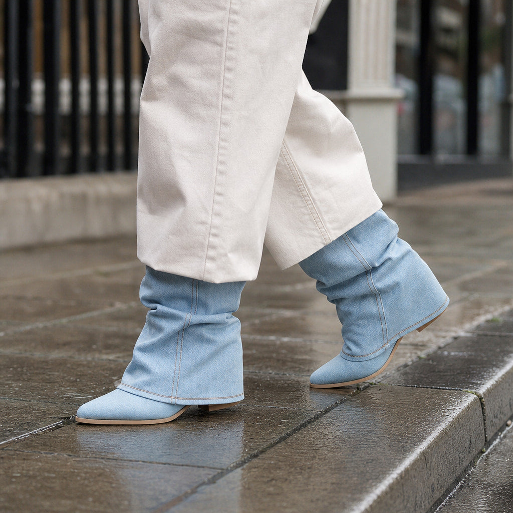 Saskia - Women's Pleated Denim Cowboy Boots Blue – Styled Editorial Shot