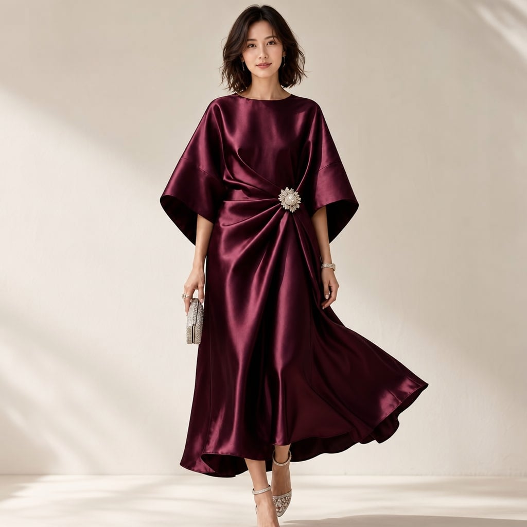 Satin Kimono Sleeve Knit Midi Dress with Crystal Brooch Detail Burgundy – Product Photo