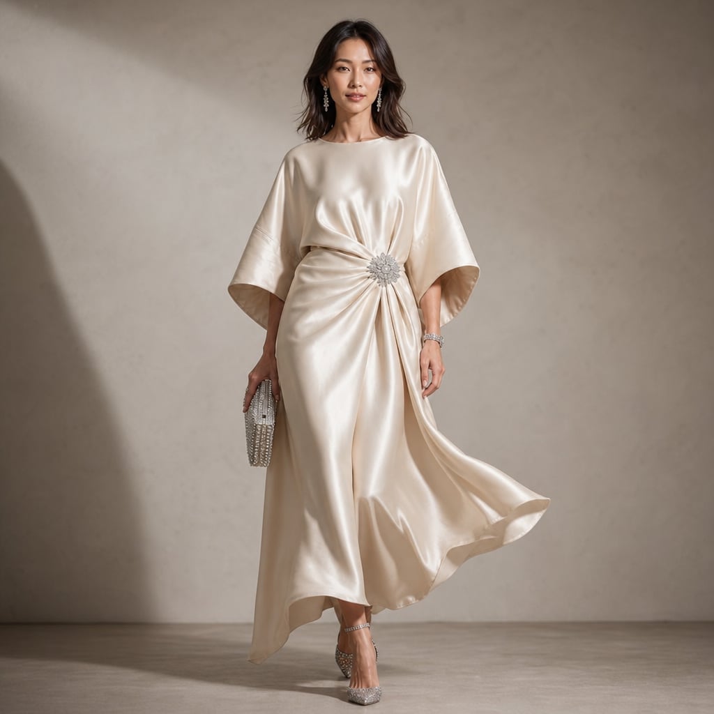 Satin Kimono Sleeve Knit Midi Dress with Crystal Brooch Detail Cream – Product Photo