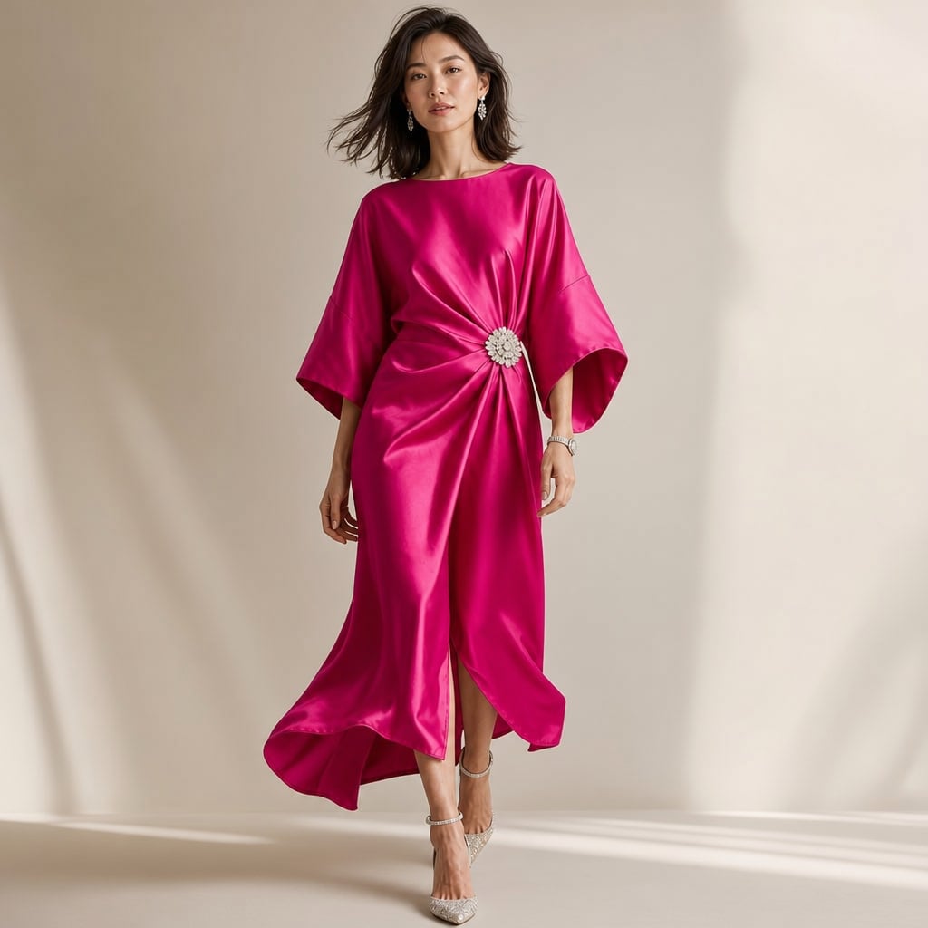 Satin Kimono Sleeve Knit Midi Dress with Crystal Brooch Detail Hot Pink – Product Photo