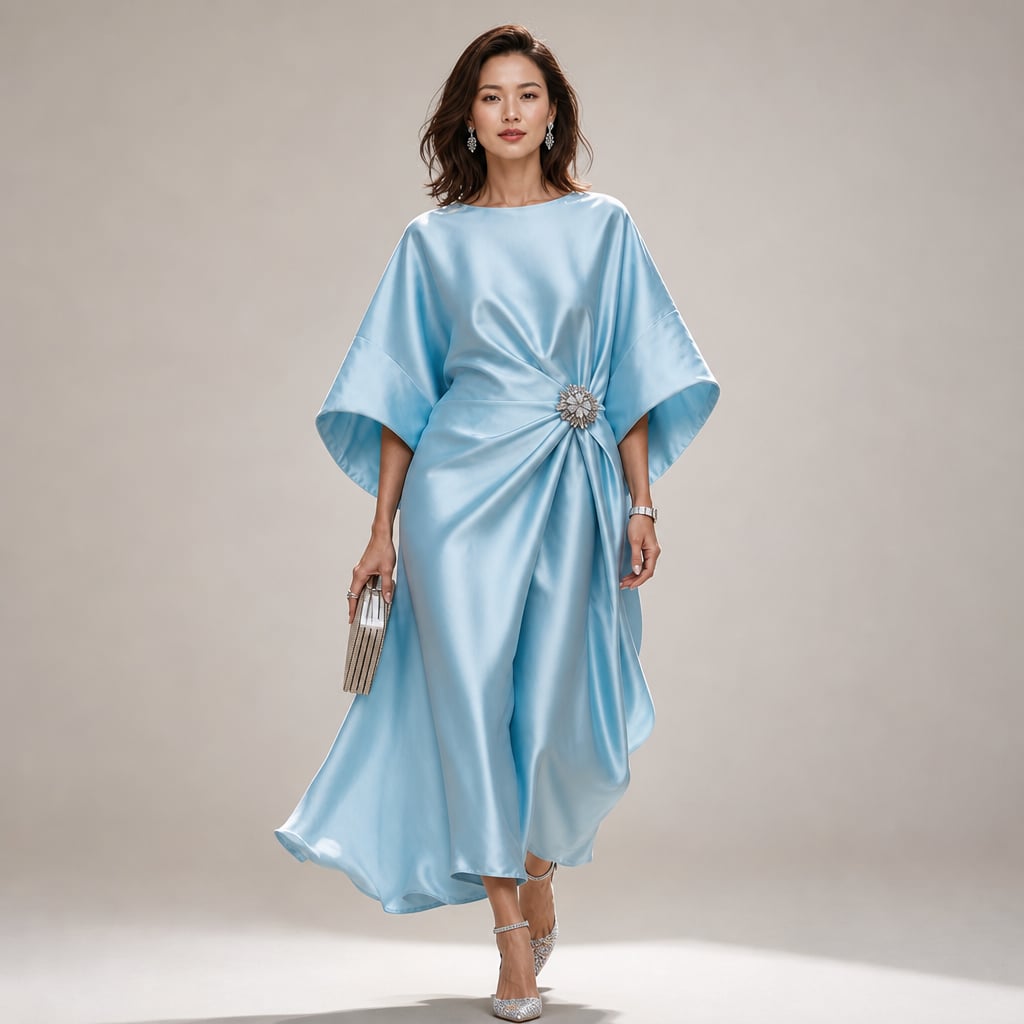 Satin Kimono Sleeve Knit Midi Dress with Crystal Brooch Detail Light Blue – Product Photo