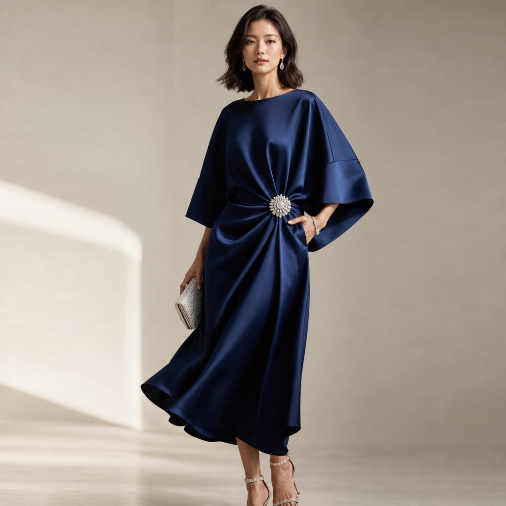 Satin Kimono Sleeve Knit Midi Dress with Crystal Brooch Detail Navy Blue – Side Angle View