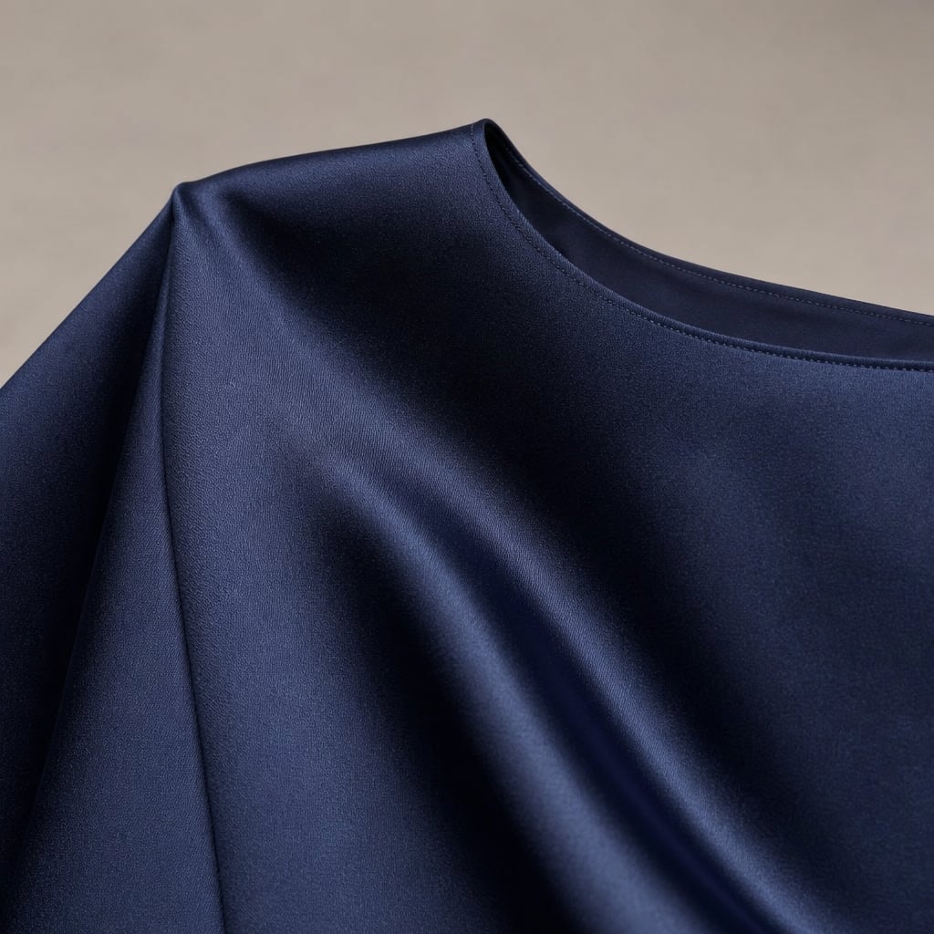 Satin Kimono Sleeve Knit Midi Dress with Crystal Brooch Detail Navy Blue – Fabric and Detail Close-Up