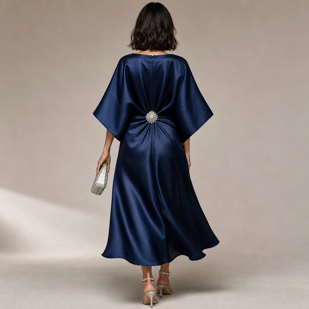 Satin Kimono Sleeve Knit Midi Dress with Crystal Brooch Detail Navy Blue – Full Look