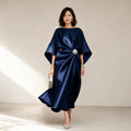 Satin Kimono Sleeve Knit Midi Dress with Crystal Brooch Detail Navy Blue – Product Photo