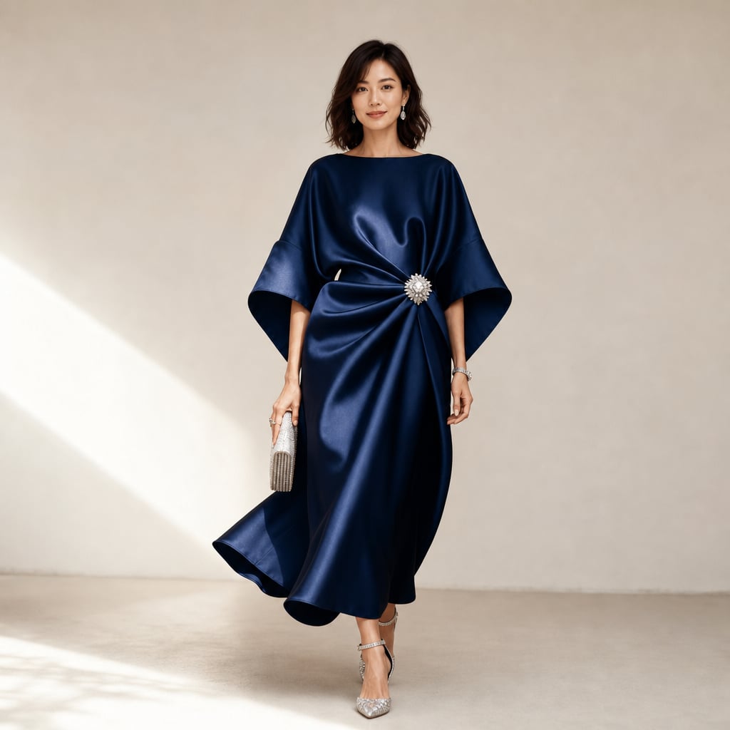 Satin Kimono Sleeve Knit Midi Dress with Crystal Brooch Detail Navy Blue – Product Photo