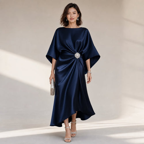 Satin Kimono Sleeve Knit Midi Dress with Crystal Brooch Detail in Navy Blue – Mampierimoda Premium Womenswear
