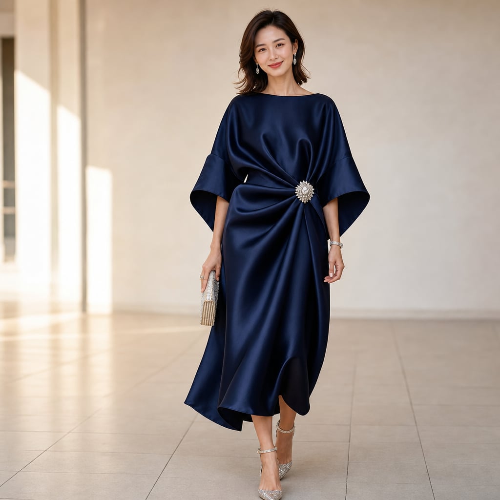 Satin Kimono Sleeve Knit Midi Dress with Crystal Brooch Detail Navy Blue – Styled Editorial Shot