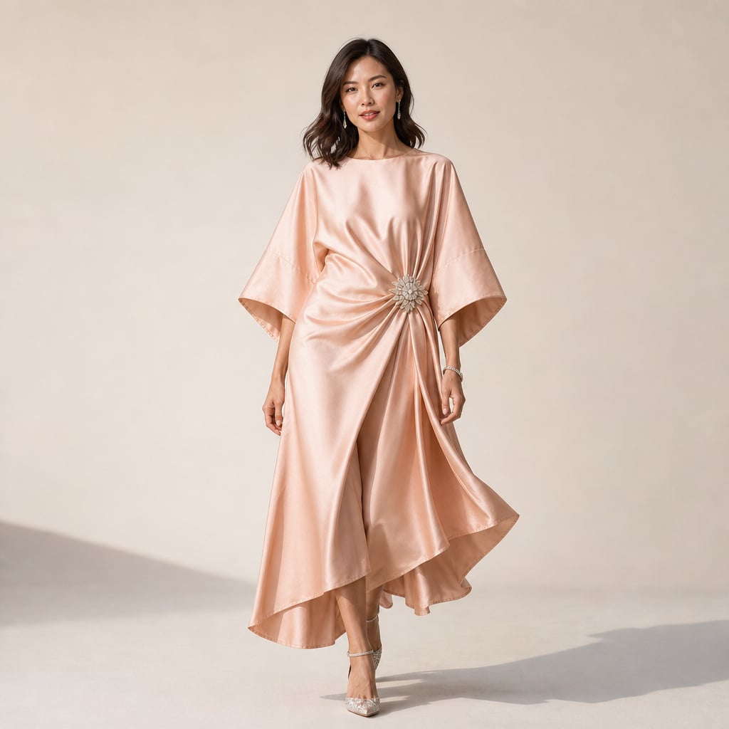 Satin Kimono Sleeve Knit Midi Dress with Crystal Brooch Detail Peach – Product Photo