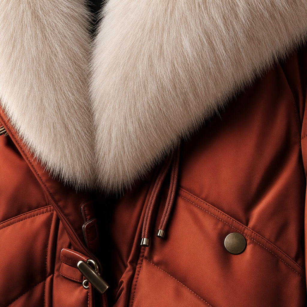 Scarlett Prestige Fur Short Coat Crimson Red – Fabric and Detail Close-Up