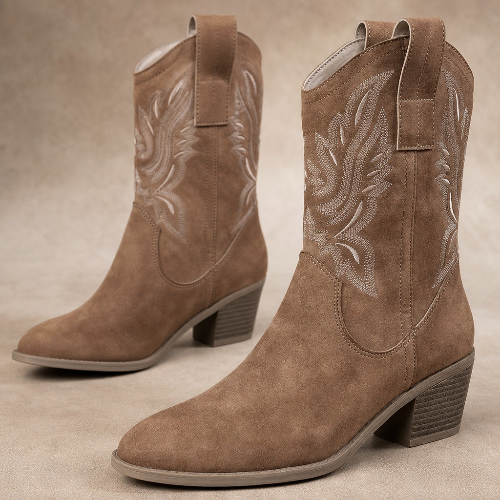 Sedona - Women's Embroidered Western Calf Boots with Stacked Heel Brown – Fabric and Detail Close-Up