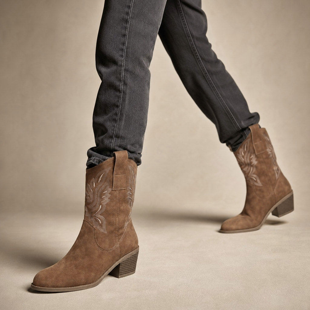 Sedona - Women's Embroidered Western Calf Boots with Stacked Heel Brown – Product Photo