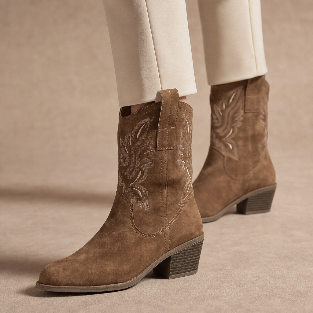 Sedona - Women's Embroidered Western Calf Boots with Stacked Heel in Brown – Mampierimoda Premium Womenswear