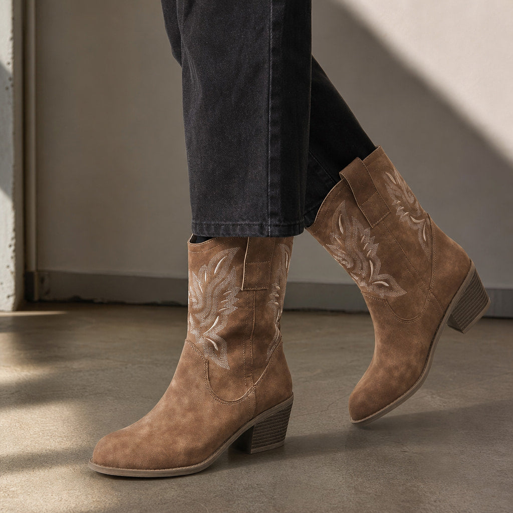 Sedona - Women's Embroidered Western Calf Boots with Stacked Heel Brown – Styled Editorial Shot, Detail