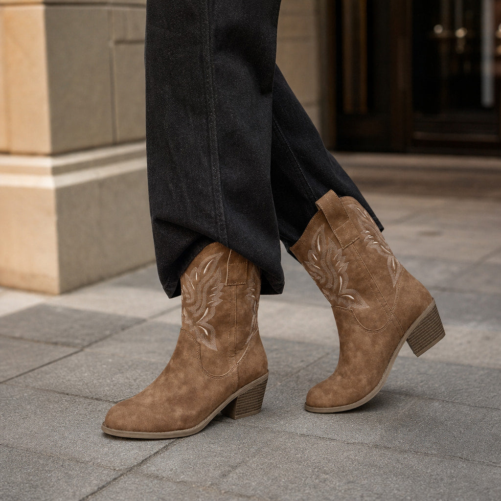 Sedona - Women's Embroidered Western Calf Boots with Stacked Heel Brown – Styled Editorial Shot