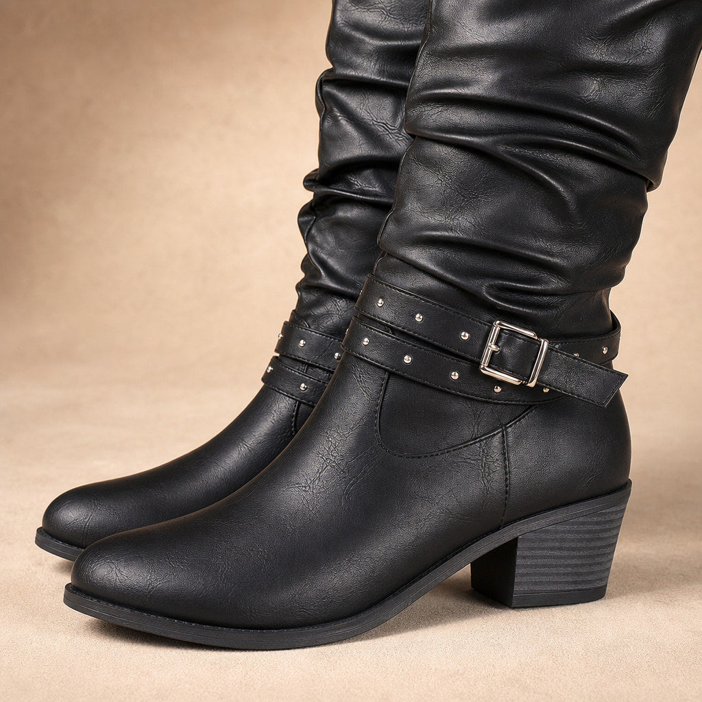 Relaxed And Stylish Slouchy Knee High Boots Black – Fabric and Detail Close-Up