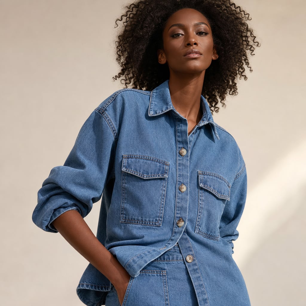 Set Denim Button-Down Top and Shorts Two-Piece Light Blue – Side Angle View