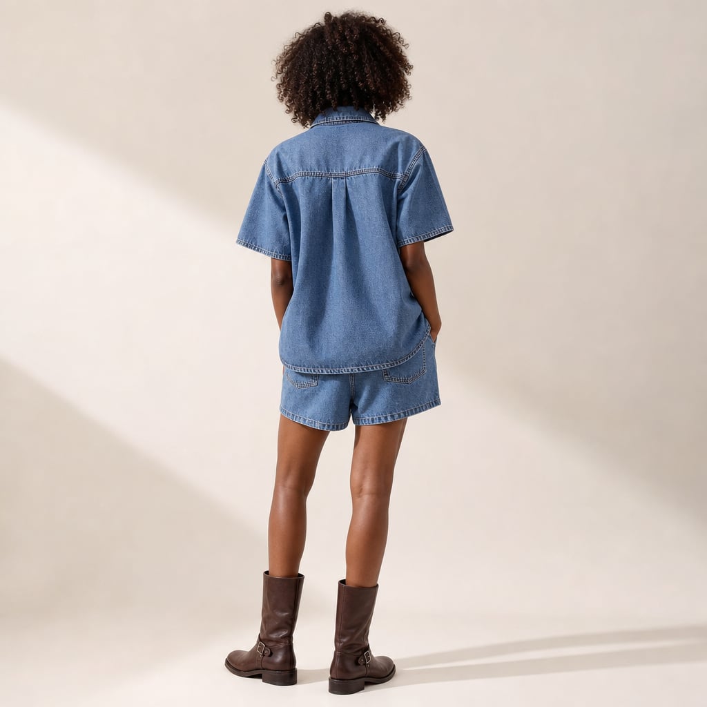 Set Denim Button-Down Top and Shorts Two-Piece Light Blue – Full Look