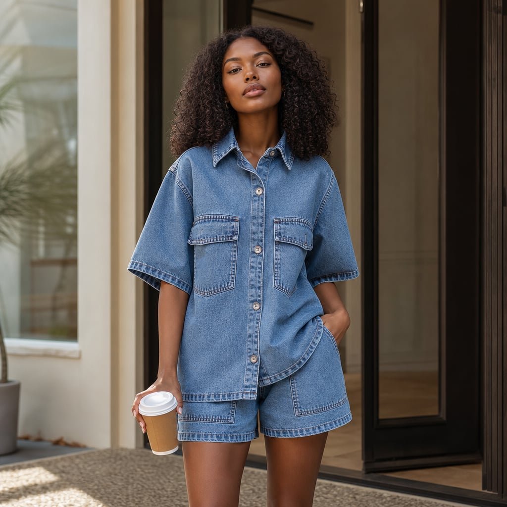 Set Denim Button-Down Top and Shorts Two-Piece Light Blue – Styled Editorial Shot