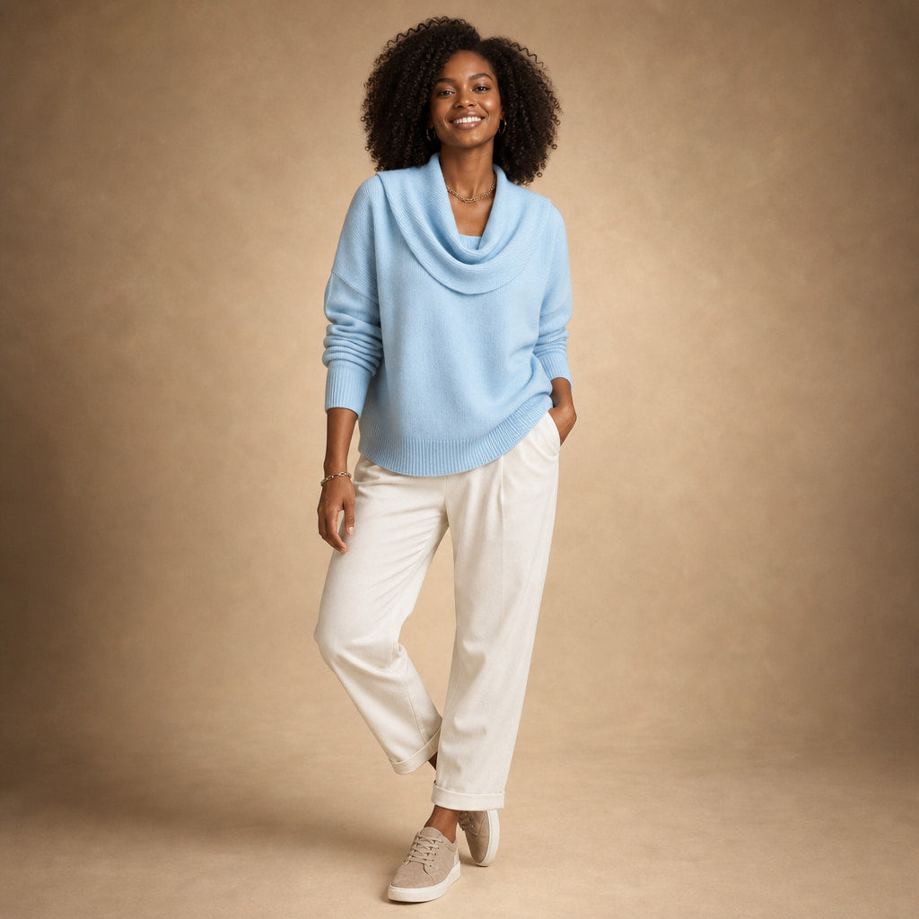 Sibylla Cowl Neck Sweater Light Blue – Side Angle View