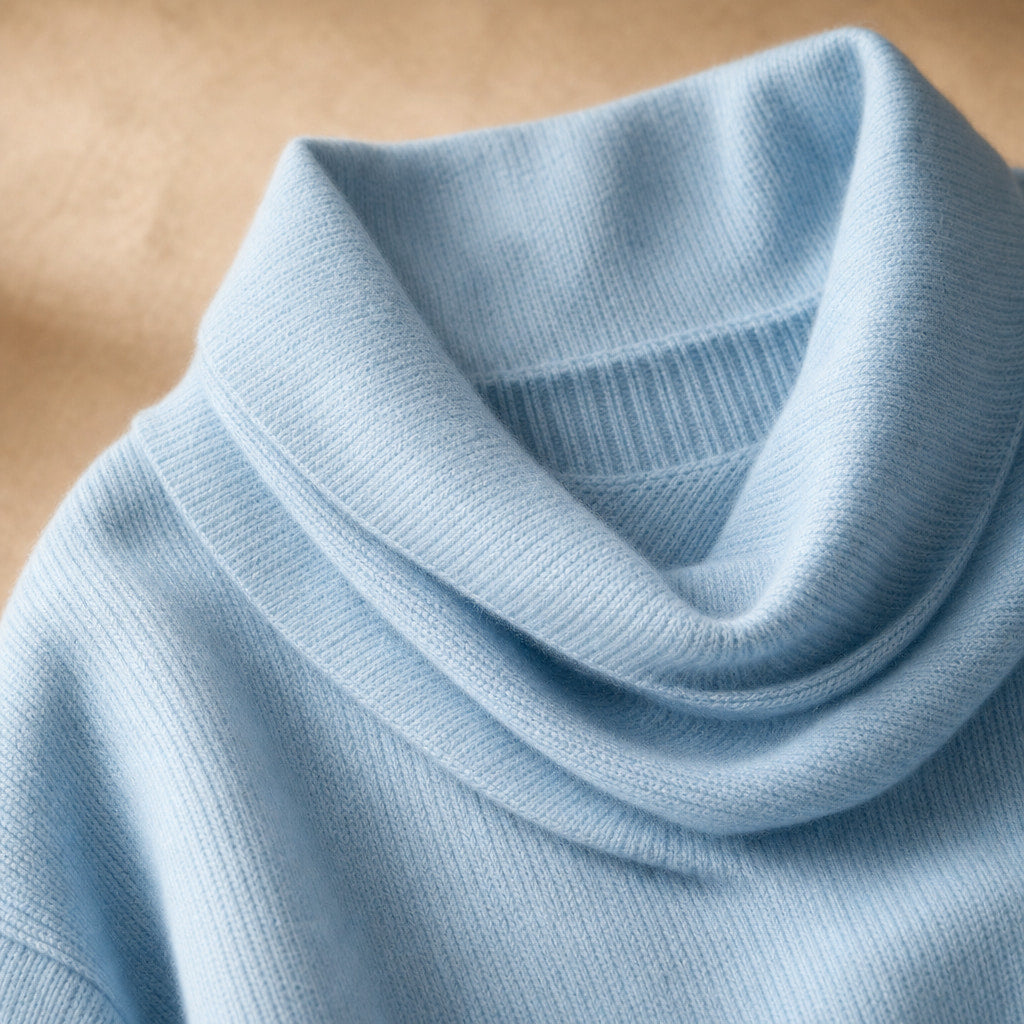 Sibylla Cowl Neck Sweater Light Blue – Fabric and Detail Close-Up