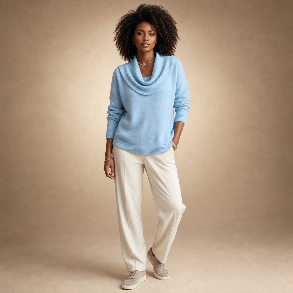 Sibylla Cowl Neck Sweater Light Blue – Full Look
