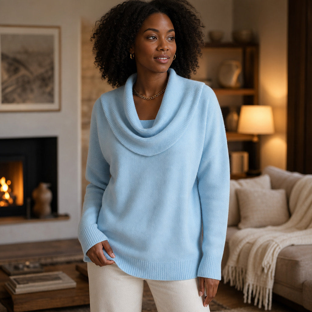 Sibylla Cowl Neck Sweater Light Blue – Styled Editorial Shot