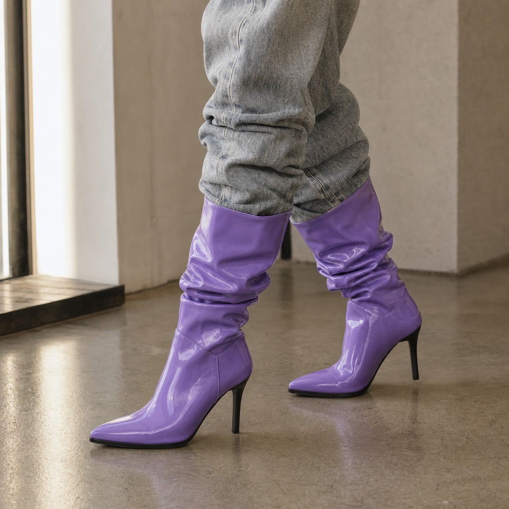 Sidonia Slouch Mid Calf Boots Purple – Styled Editorial Shot, Detail