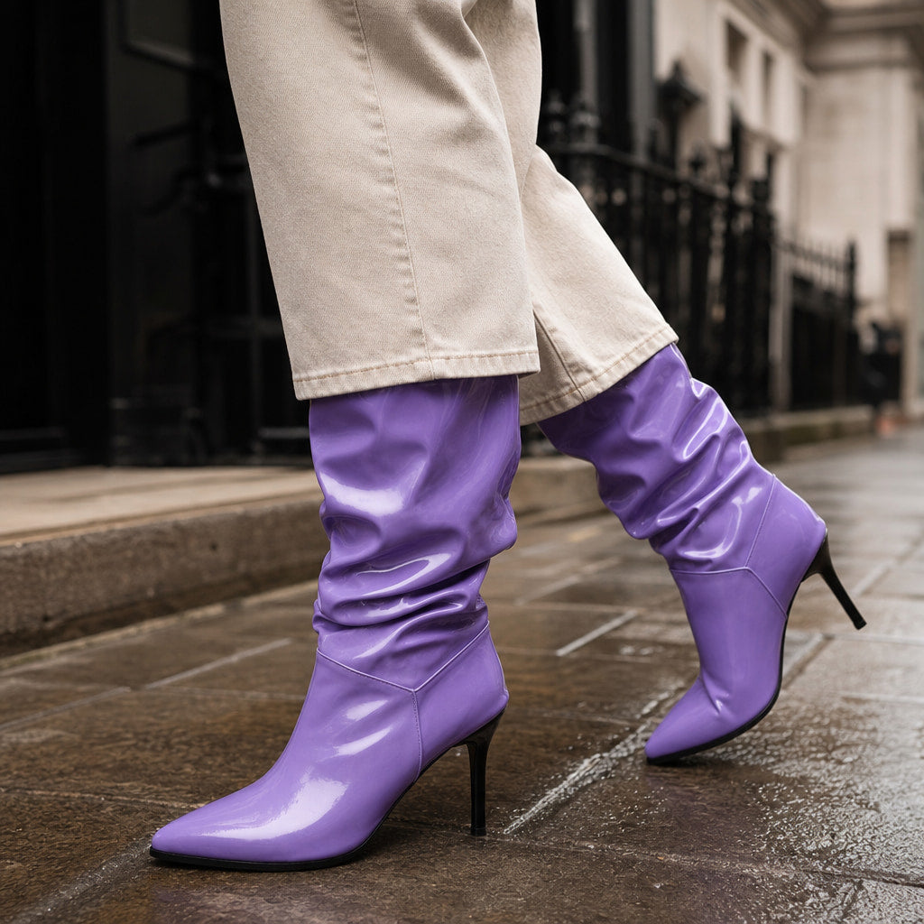 Sidonia Slouch Mid Calf Boots Purple – Styled Editorial Shot