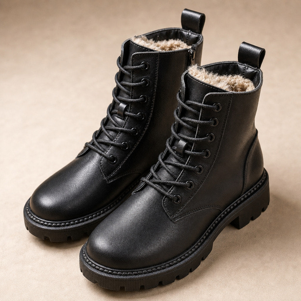 Cozy And Rugged Fleece-Lined Combat Ankle Boots – Fabric and Detail Close-Up
