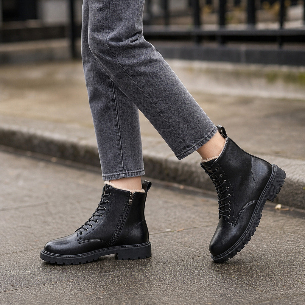 Cozy And Rugged Fleece-Lined Combat Ankle Boots – Styled Editorial Shot