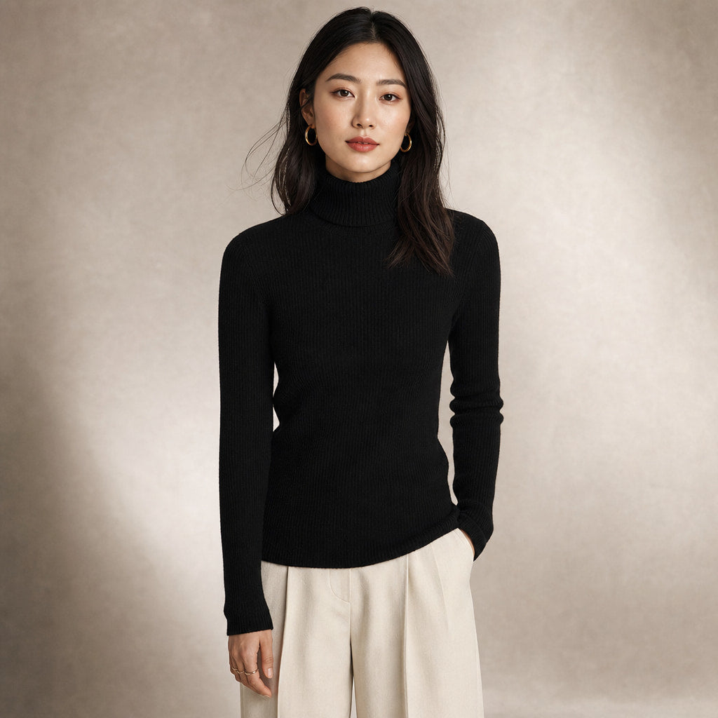 Slim Fit Long Sleeve Ribbed Turtleneck Sweater in Black – Mampierimoda Premium Womenswear