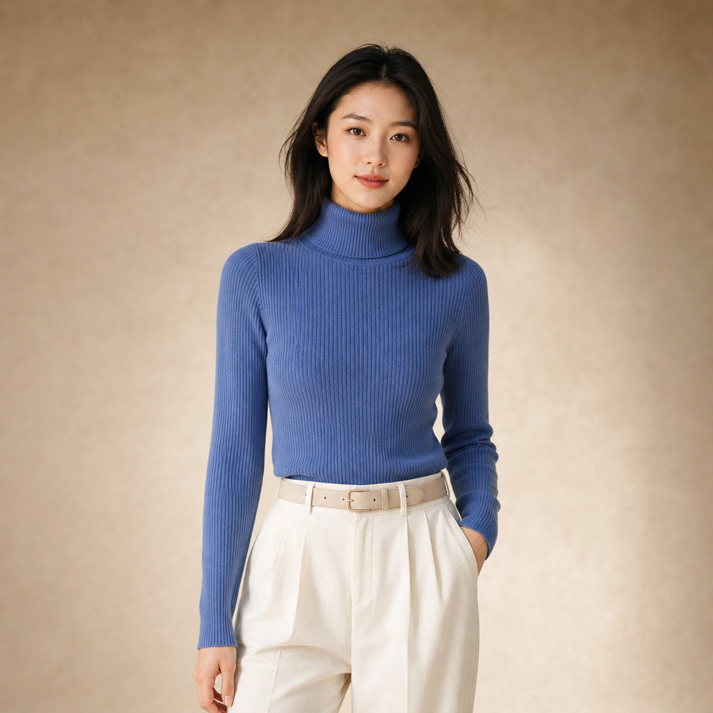Slim Fit Long Sleeve Ribbed Turtleneck Sweater in Blue – Mampierimoda Premium Womenswear