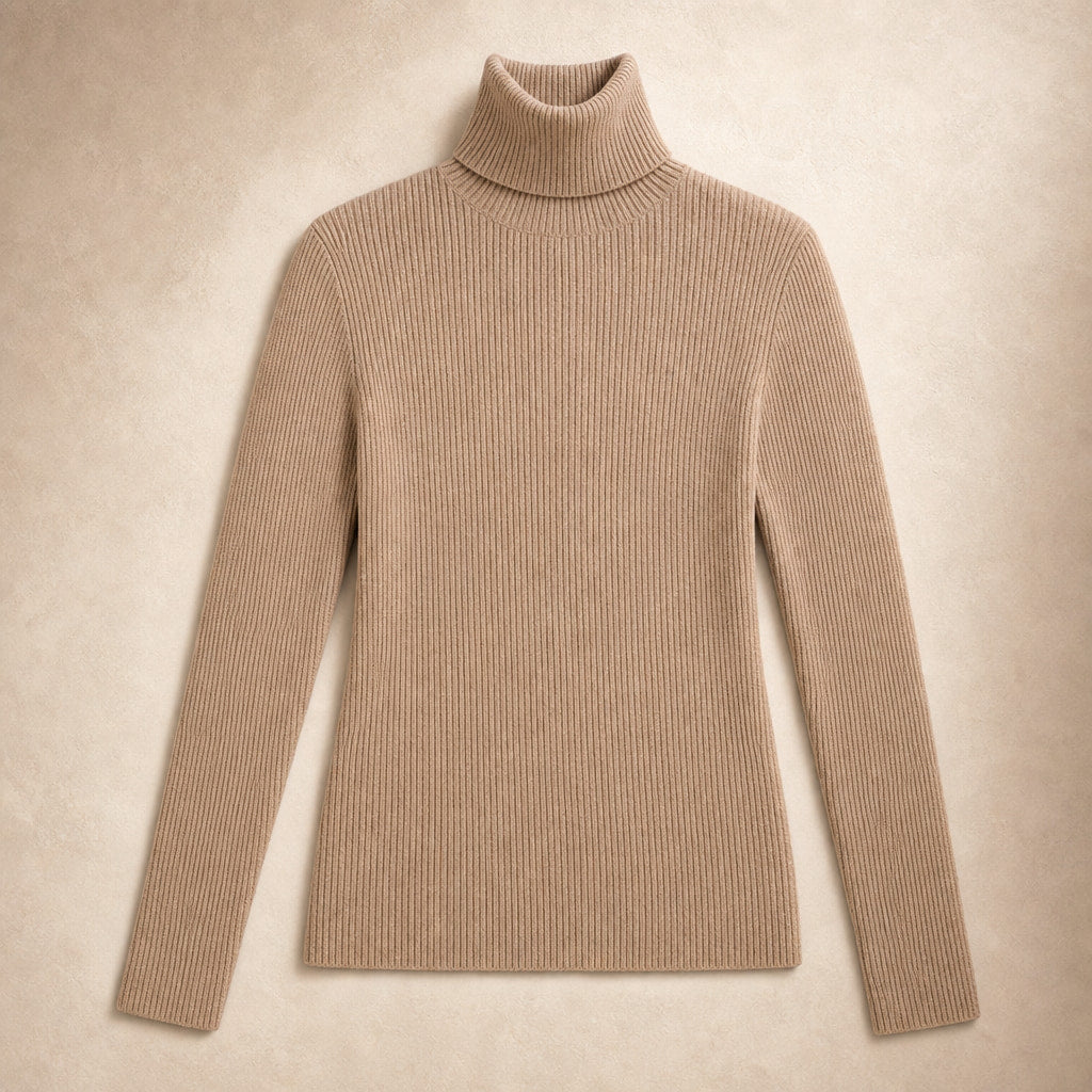 Slim Fit Long Sleeve Ribbed Turtleneck Sweater Khaki – Product Photo