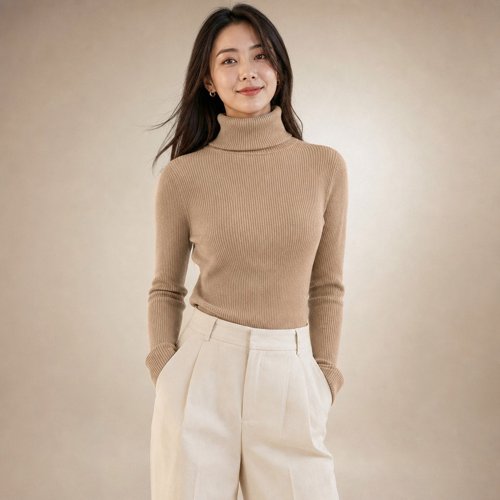 Slim Fit Long Sleeve Ribbed Turtleneck Sweater in Khaki – Mampierimoda Premium Womenswear