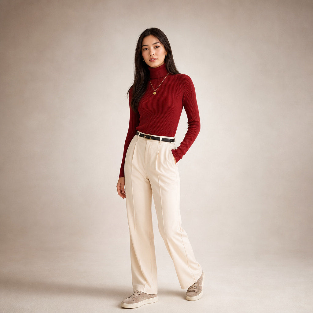 Slim Fit Long Sleeve Ribbed Turtleneck Sweater Red – Side Angle View