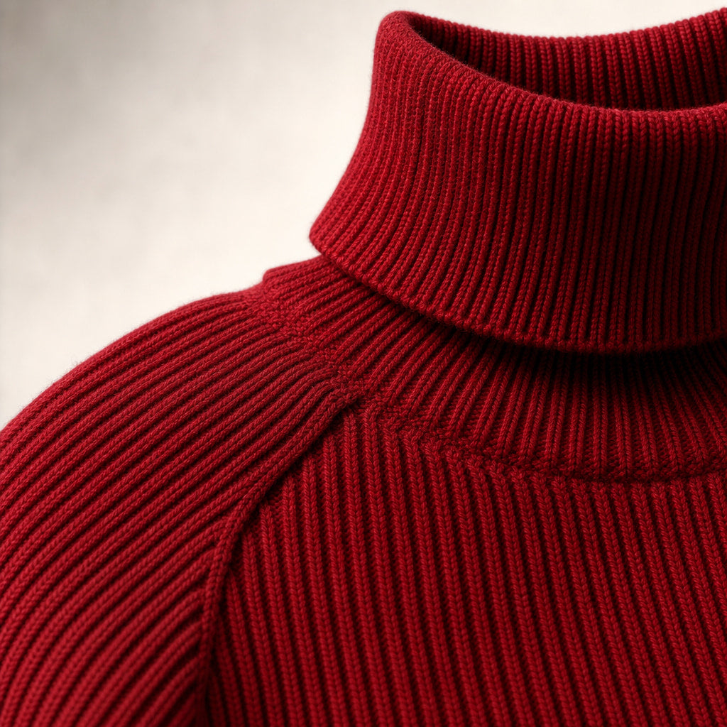Slim Fit Long Sleeve Ribbed Turtleneck Sweater Red – Fabric and Detail Close-Up