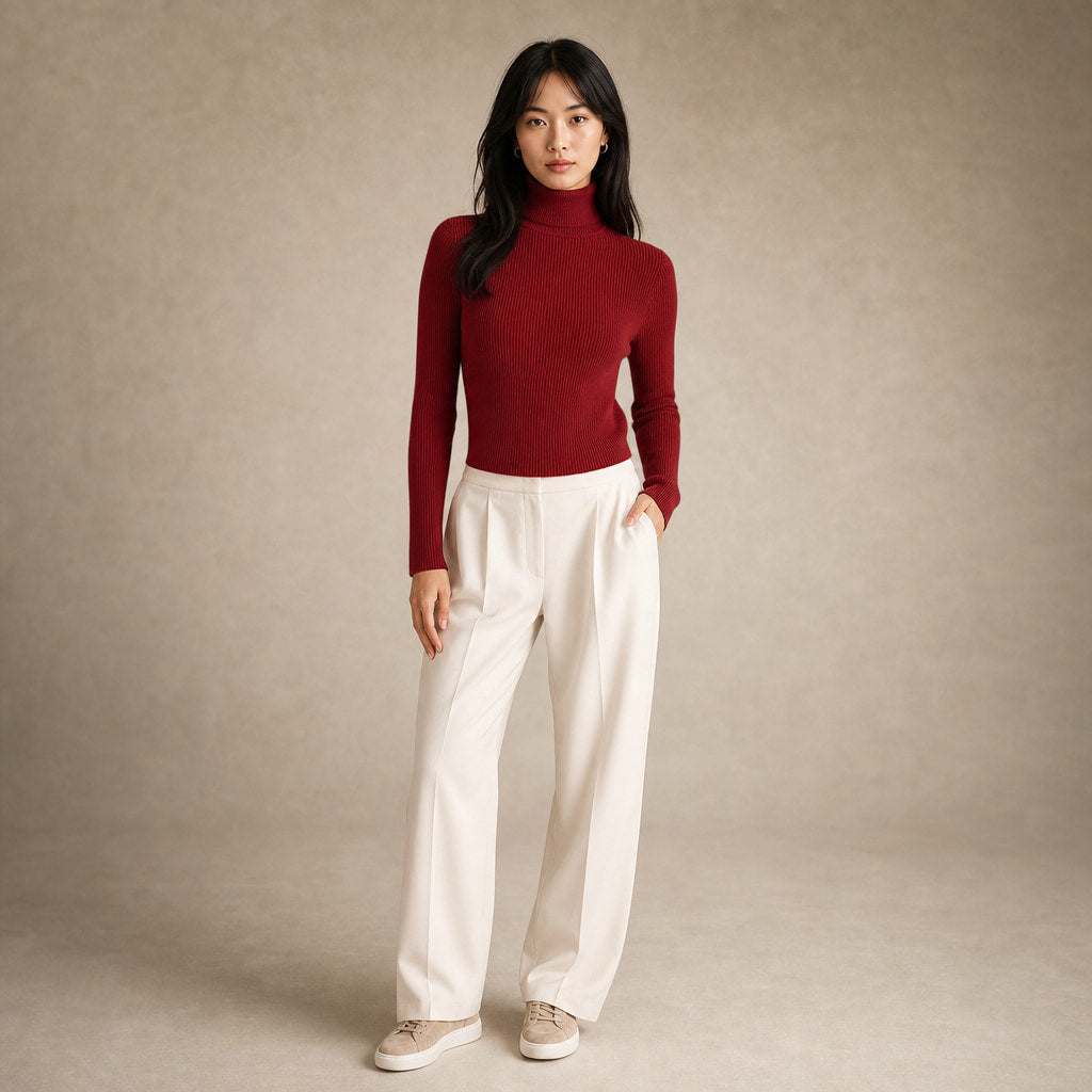 Slim Fit Long Sleeve Ribbed Turtleneck Sweater Red – Full Look