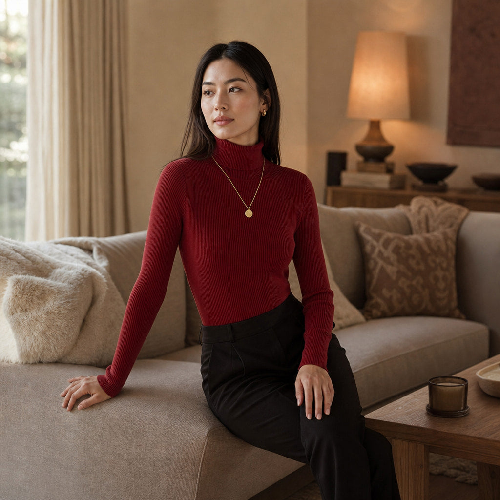Slim Fit Long Sleeve Ribbed Turtleneck Sweater Red – Styled Editorial Shot