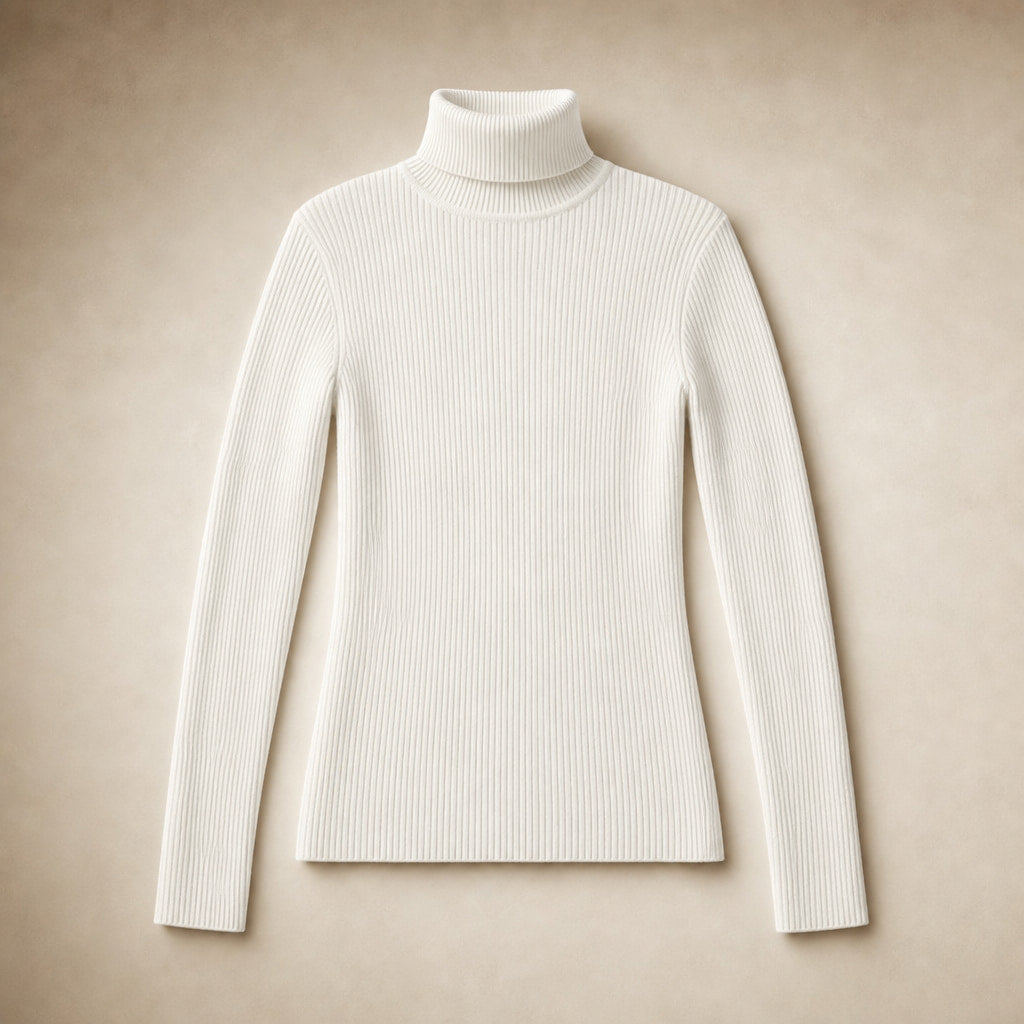 Slim Fit Long Sleeve Ribbed Turtleneck Sweater White – Product Photo